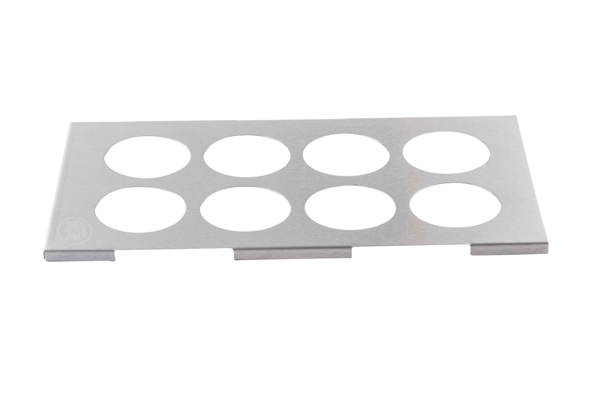 A rectangular stainless steel squeeze bottle template with a brushed metal finish features eight evenly spaced circular cutouts in two rows of four and three notched edges along the longer side.