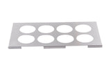 A rectangular stainless steel squeeze bottle template with a brushed metal finish features eight evenly spaced circular cutouts in two rows of four and three notched edges along the longer side.