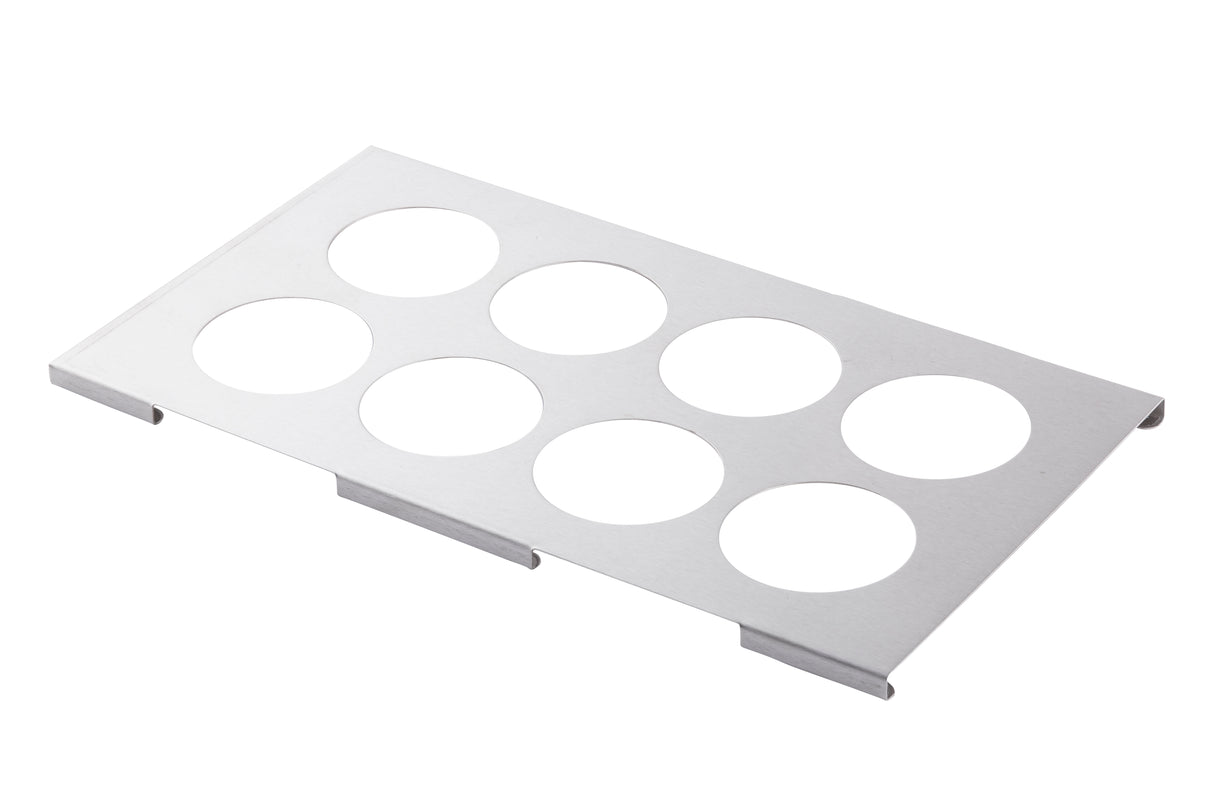A rectangular stainless steel tray with eight evenly spaced circular cutouts—an ideal 8-hole squeeze bottle template—features short raised edges on the longer sides and is shown on a white background.