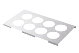 A rectangular stainless steel tray with eight evenly spaced circular cutouts—an ideal 8-hole squeeze bottle template—features short raised edges on the longer sides and is shown on a white background.