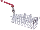 A rectangular, nickel plated grilling basket with three tiers of parallel wire racks and a long red plastic handle, designed by TableCraft for holding food like burritos while grilling. Raised sides and an open structure ensure airflow and even cooking.