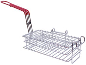 A rectangular, nickel plated grilling basket with three tiers of parallel wire racks and a long red plastic handle, designed by TableCraft for holding food like burritos while grilling. Raised sides and an open structure ensure airflow and even cooking.