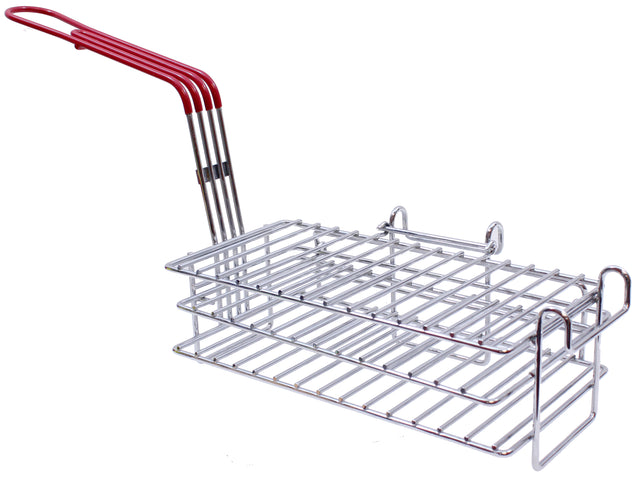 A rectangular, nickel plated grilling basket with three tiers of parallel wire racks and a long red plastic handle, designed by TableCraft for holding food like burritos while grilling. Raised sides and an open structure ensure airflow and even cooking.