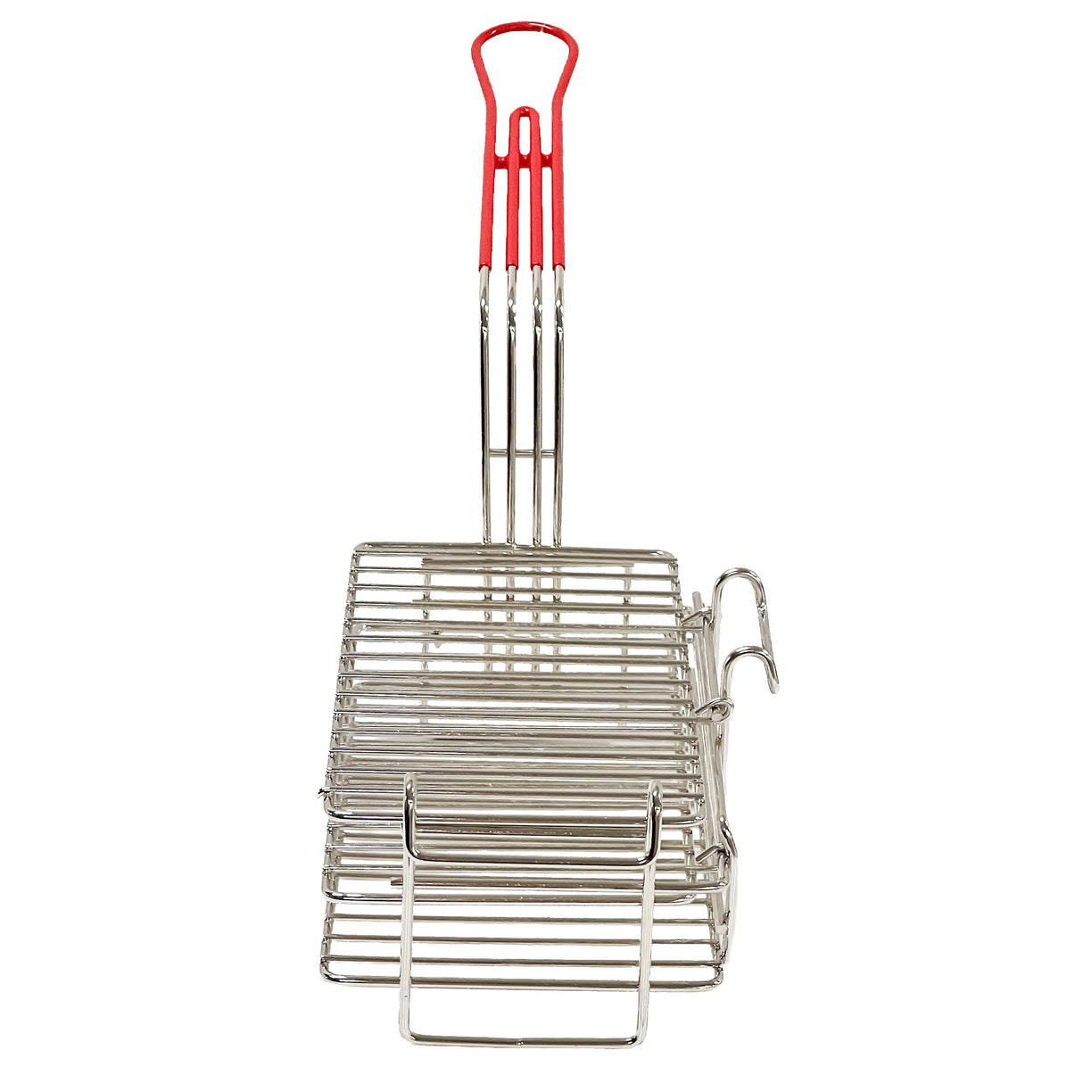 The TableCraft Burrito Fry Basket is a nickel plated metal grilling basket with parallel wire bars, a rectangular shape, and a long handle with a red plastic grip. It stands upright with a clasp on the side to securely hold your food.