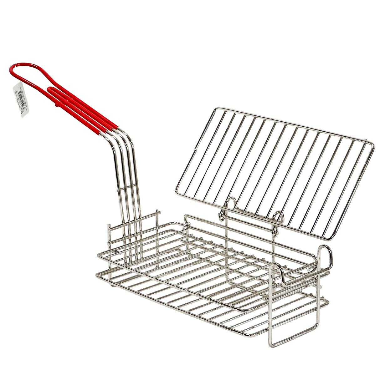 A nickel plated Burrito Fry Basket by TableCraft, this metal grilling basket features a red handle, a hinged lid with an open-latch design, and parallel wire bars for securely holding food while grilling.