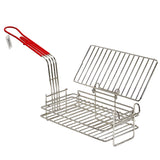 A nickel plated Burrito Fry Basket by TableCraft, this metal grilling basket features a red handle, a hinged lid with an open-latch design, and parallel wire bars for securely holding food while grilling.