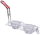 The TableCraft Double Taco Cups Fry Basket is a stainless steel kitchen tool with two small wire baskets and a rectangular frame, featuring a red plastic-coated handle. Ideal for frying or holding food, it allows both baskets to be lifted together easily.