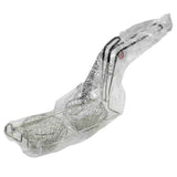 The TableCraft Double Taco Cups Fry Basket features two round compartments and a long handle, crafted from stainless steel. Wrapped in clear plastic, this silver-colored basket sits against a white background.