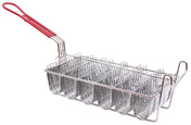 A nickel plated Taco Fry Basket with a red plastic-coated handle. It features several evenly spaced V-shaped slots for holding taco shells upright during frying. The background is plain white.