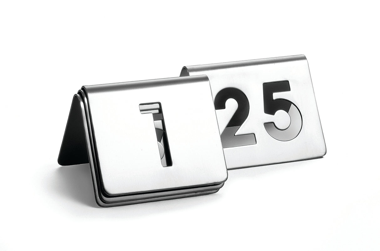 Two TableCraft stainless steel table number signs are displayed on a white background. This number tent set features signs for 1 and 25, each tent-shaped with large, bold cut-out numbers.