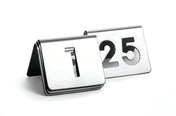 Two TableCraft stainless steel table number signs are displayed on a white background. This number tent set features signs for 1 and 25, each tent-shaped with large, bold cut-out numbers.