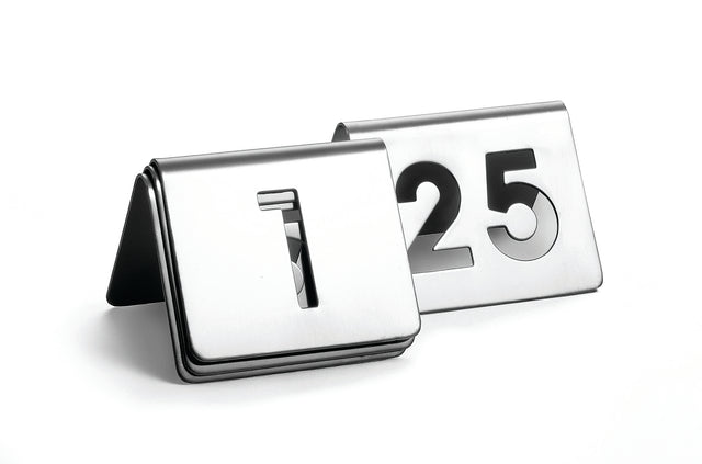 Two TableCraft stainless steel table number signs are displayed on a white background. This number tent set features signs for 1 and 25, each tent-shaped with large, bold cut-out numbers.