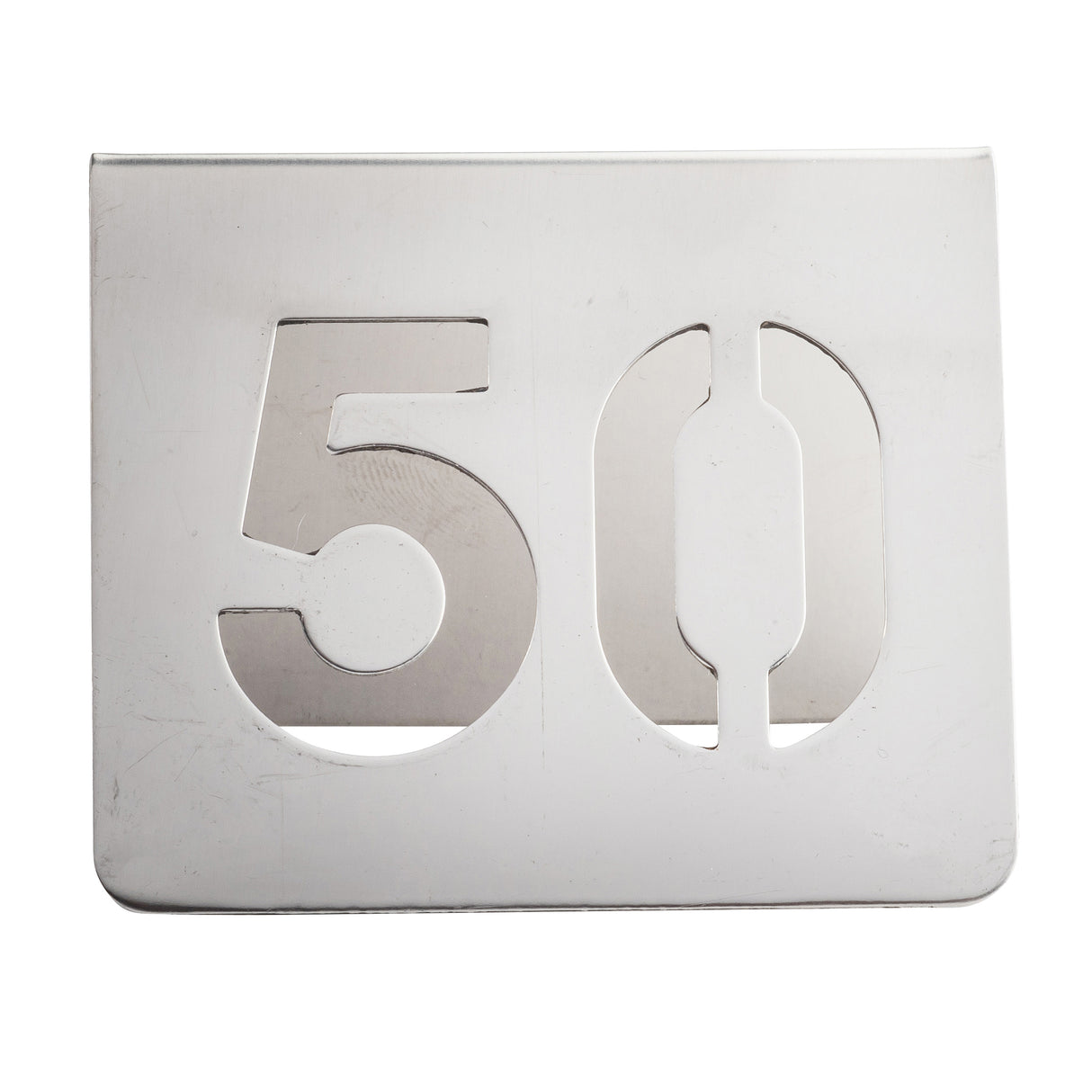 A silver stainless steel plate from the TableCraft number tent set, featuring the number 50 cut out in a stencil style. The smooth surface and rounded bottom-left corner complement the large, centrally positioned numbers on a white background.