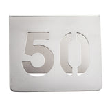A silver stainless steel plate from the TableCraft number tent set, featuring the number 50 cut out in a stencil style. The smooth surface and rounded bottom-left corner complement the large, centrally positioned numbers on a white background.