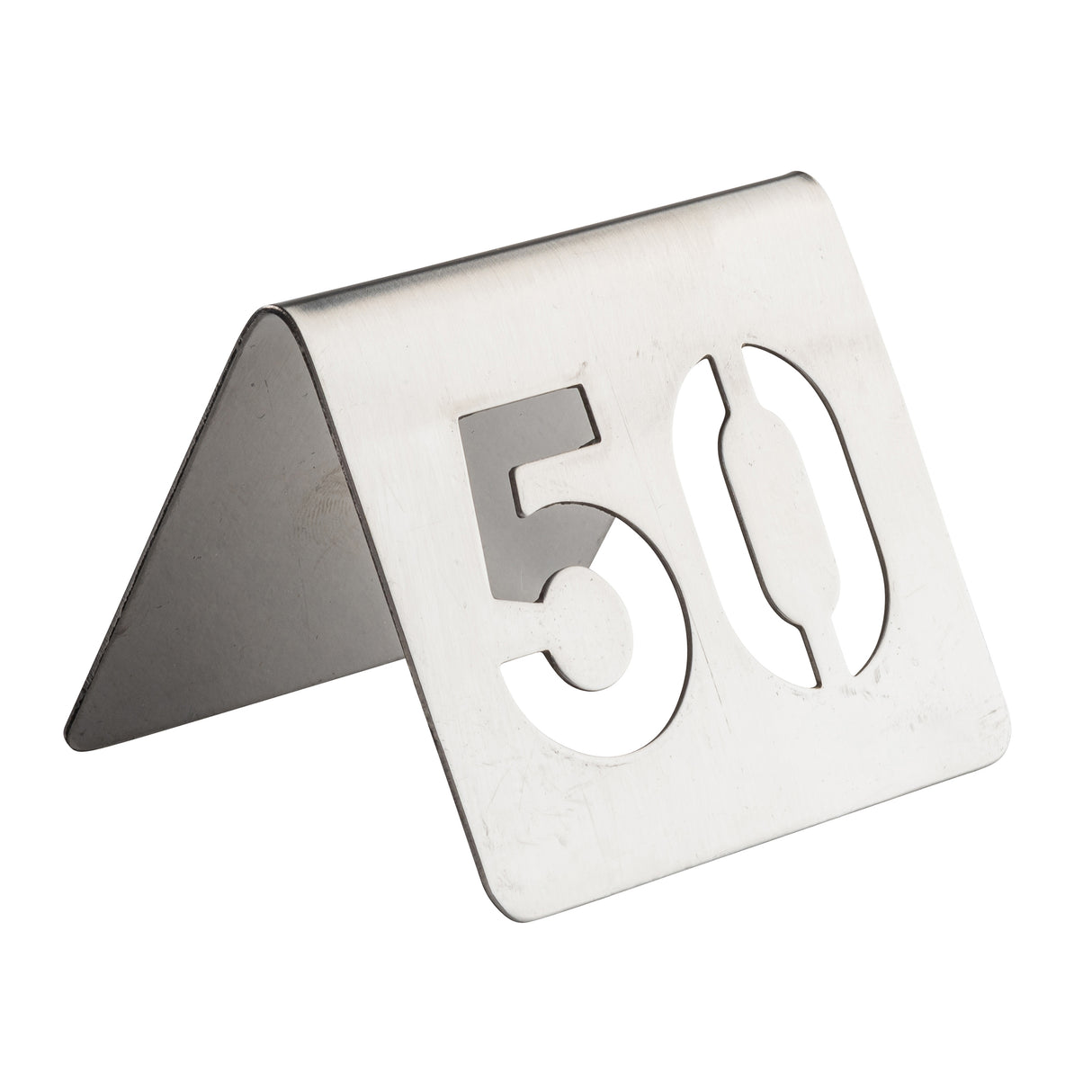 A silver, tent-shaped TableCraft metal table number holder from the number tent set displays the number 50 cut out from its stainless steel surface. The holder is clean, simple, and stands upright on a white background.