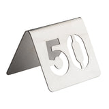 A silver, tent-shaped TableCraft metal table number holder from the number tent set displays the number 50 cut out from its stainless steel surface. The holder is clean, simple, and stands upright on a white background.