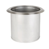 A cylindrical stainless steel drop-in container with a wide, flat rim at the top. Its smooth, reflective surface and open top reveal a hollow interior, resembling a sleek Trash Chute against a plain white background.