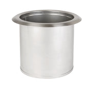 A cylindrical stainless steel drop-in container with a wide, flat rim at the top. Its smooth, reflective surface and open top reveal a hollow interior, resembling a sleek Trash Chute against a plain white background.
