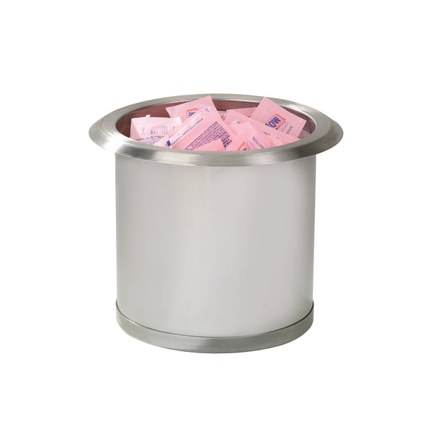 A stainless steel condiment holder with a wide, slightly flared rim is filled with multiple pink packets of artificial sweetener, likely SweetN Low, against a plain white background.