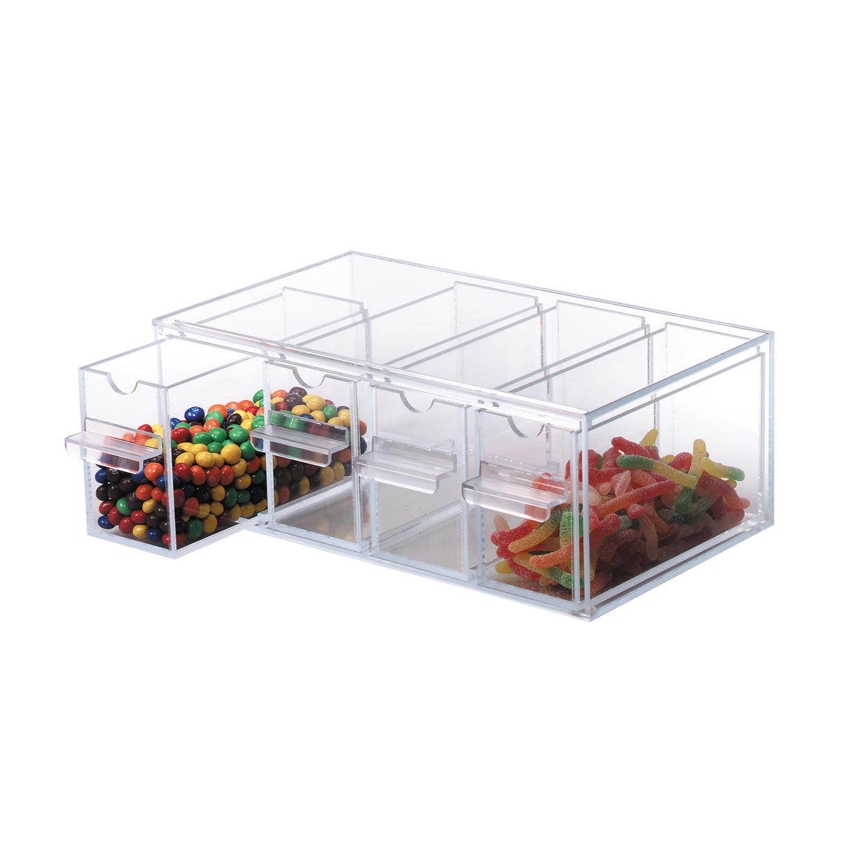 A clear acrylic organizer with five pull-out drawers, acting as a fun topping dispenser. Two drawers are open and filled with colorful round candies and gummy worms, while the other three drawers are empty. The organizer sits on a white background.