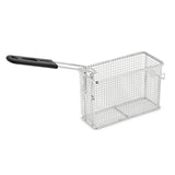A rectangular 15 lb. stainless steel fryer basket with a grid pattern, featuring a long metal handle covered in black plastic for heat protection, set against a plain white background.