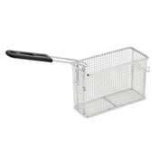 A rectangular 15 lb. stainless steel fryer basket with a grid pattern, featuring a long metal handle covered in black plastic for heat protection, set against a plain white background.