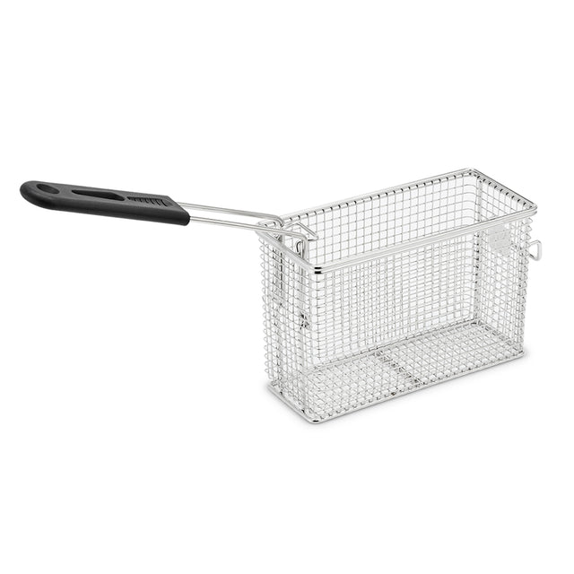 A rectangular 15 lb. stainless steel fryer basket with a grid pattern, featuring a long metal handle covered in black plastic for heat protection, set against a plain white background.