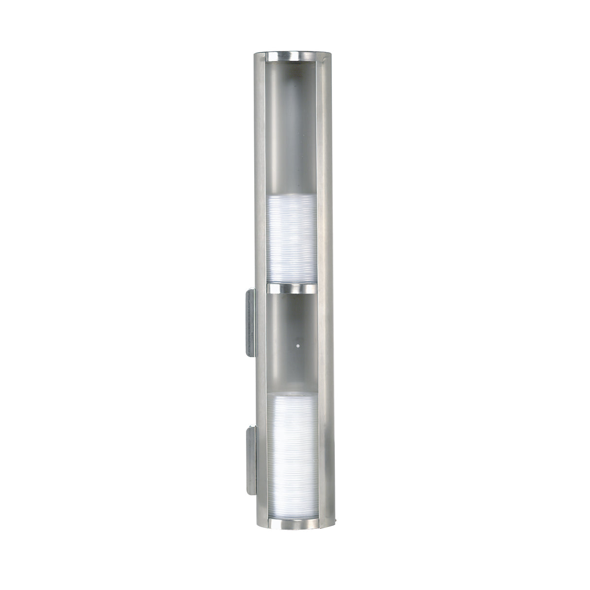 A modern, wall mounted vertical sconce light fixture made of brushed stainless steel with a cylindrical shape. It features frosted glass panels on the top and bottom for diffused lighting and has a sleek, minimalist design.