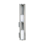 A modern, wall mounted vertical sconce light fixture made of brushed stainless steel with a cylindrical shape. It features frosted glass panels on the top and bottom for diffused lighting and has a sleek, minimalist design.