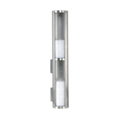 A modern, wall mounted vertical sconce light fixture made of brushed stainless steel with a cylindrical shape. It features frosted glass panels on the top and bottom for diffused lighting and has a sleek, minimalist design.