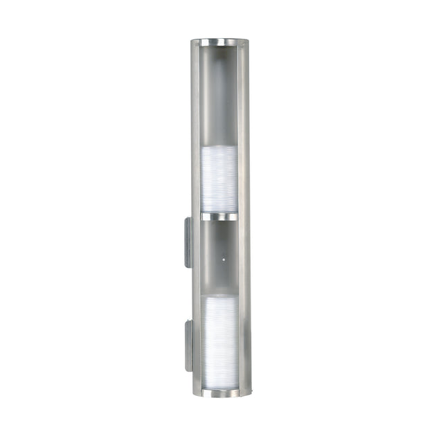 A modern, wall mounted vertical sconce light fixture made of brushed stainless steel with a cylindrical shape. It features frosted glass panels on the top and bottom for diffused lighting and has a sleek, minimalist design.