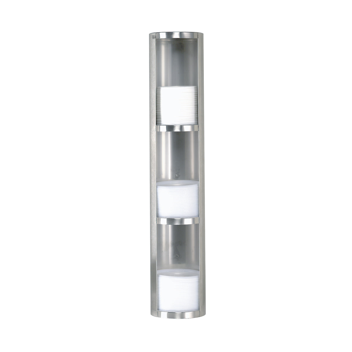 A modern, wall-mounted vertical light fixture with a brushed stainless steel finish. It features three evenly spaced frosted glass shades in a tall, cylindrical frame, creating a sleek and minimalist design perfect for contemporary interiors.