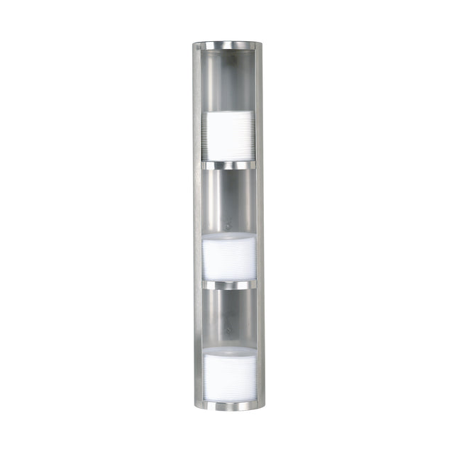 A modern, wall-mounted vertical light fixture with a brushed stainless steel finish. It features three evenly spaced frosted glass shades in a tall, cylindrical frame, creating a sleek and minimalist design perfect for contemporary interiors.