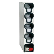 A sleek stainless steel condiment organizer with five compartments. Four upper slots serve as a lid organizer for stacked condiment cups, while the bottom slot doubles as a straw organizer, separating white and red stirrers. Modern and tidy design.