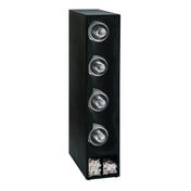 A vertical black wine rack, reminiscent of a Dispense-Rite straw organizer, holds four bottles horizontally in circular slots. Two small square cubbies at the bottom are filled with decorative light-colored material.