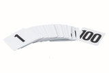 A TableCraft Number Card Sign Set features white plastic rectangular cards in a curved row, each printed with bold black numbers. The visible cards display 1 and 100, while others are partially stacked in between.