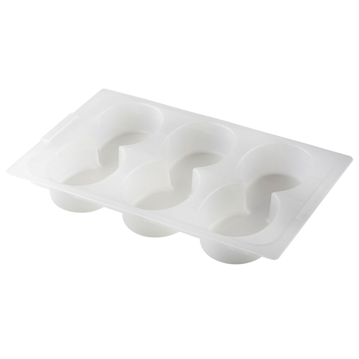 A white plastic, dishwasher safe 6-compartment tray with oval-shaped sections, each featuring a curved S-like divider. Shown clean and empty on a white background, it’s viewed from above at an angle.