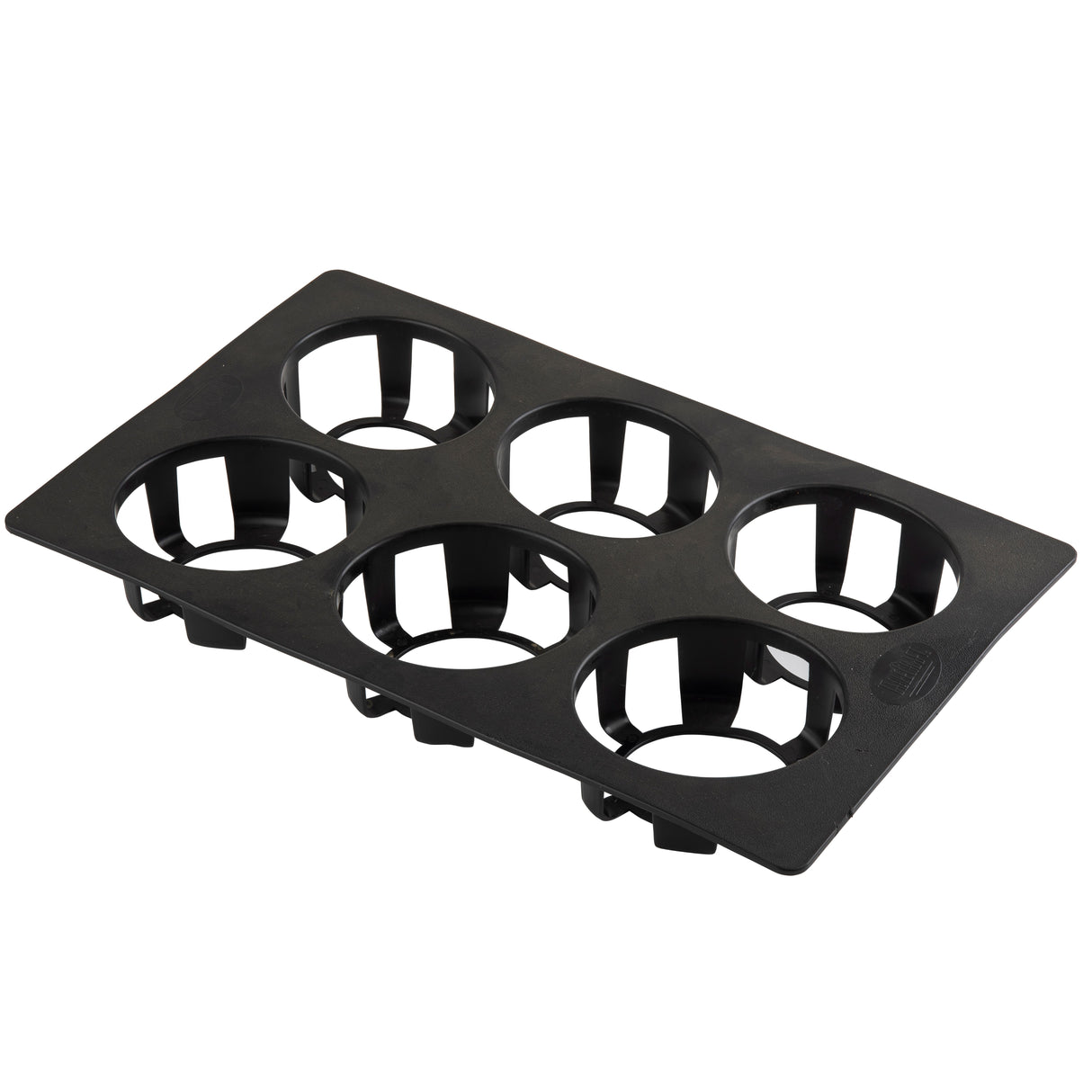A black, rectangular 6-compartment tray with six evenly spaced circular openings, each designed to securely hold a cup or container; viewed from a slight angle against a white background. Dishwasher safe for easy cleaning.