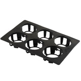 A black, rectangular 6-compartment tray with six evenly spaced circular openings, each designed to securely hold a cup or container; viewed from a slight angle against a white background. Dishwasher safe for easy cleaning.