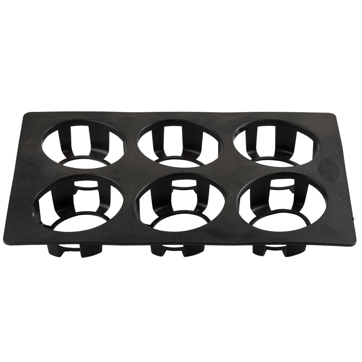 A black plastic, dishwasher safe 6-compartment tray with six circular openings in two rows of three, designed to securely hold beverage cups or bottles. The tray has a flat rectangular base and vertical supports around each opening for stability.