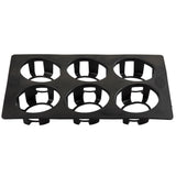 A black plastic, dishwasher safe 6-compartment tray with six circular openings in two rows of three, designed to securely hold beverage cups or bottles. The tray has a flat rectangular base and vertical supports around each opening for stability.