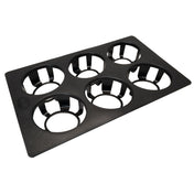 A black, sturdy plastic 6-compartment Salad Dispenser Tray with evenly spaced circular cutouts and vertical support tabs. Designed to securely hold bottles or cups, this tray is also dishwasher safe for convenient cleaning.
