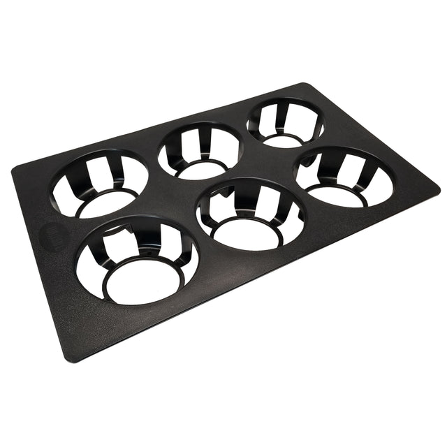 A black, sturdy plastic 6-compartment Salad Dispenser Tray with evenly spaced circular cutouts and vertical support tabs. Designed to securely hold bottles or cups, this tray is also dishwasher safe for convenient cleaning.