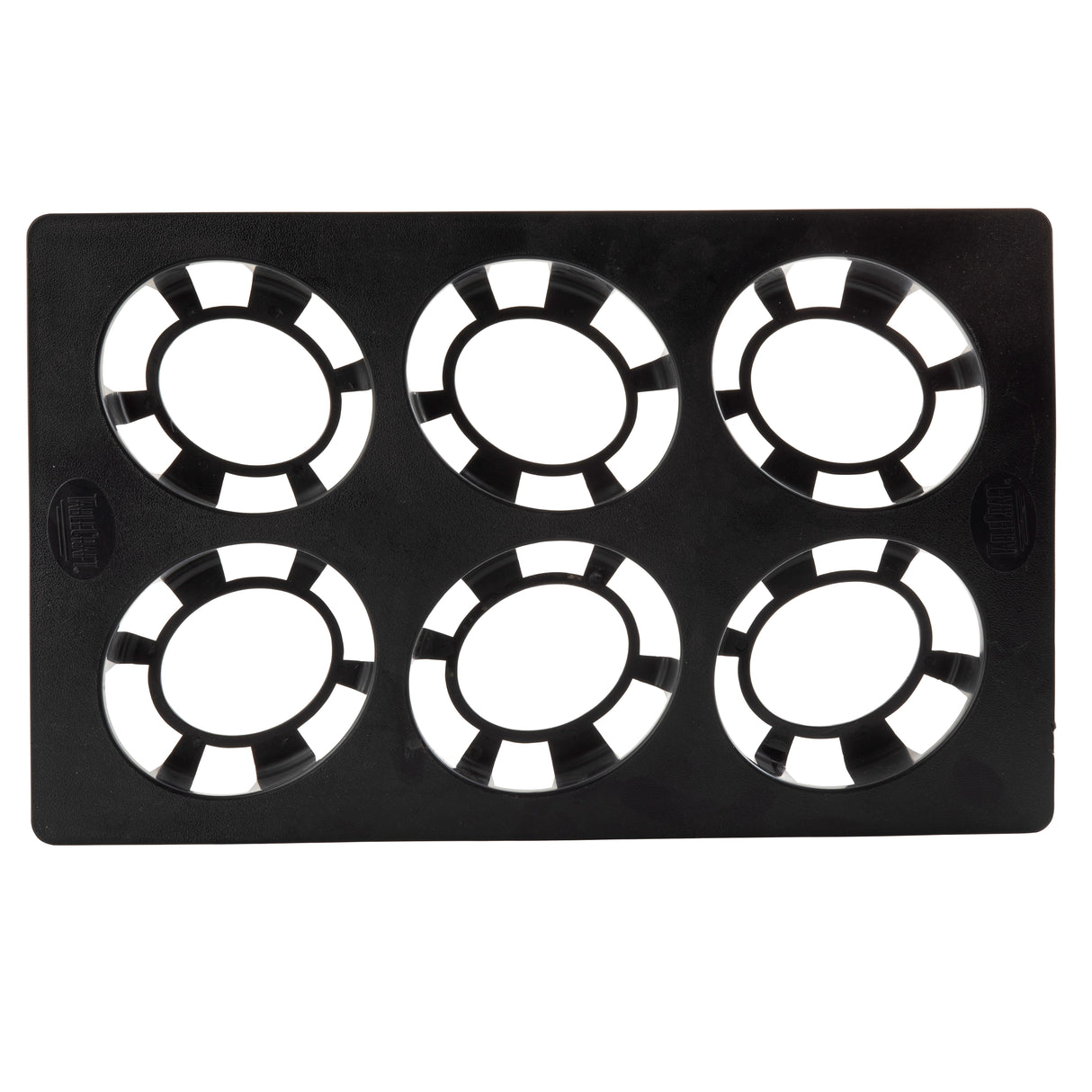 A black, rectangular dishwasher safe Salad Dispenser Tray with six evenly spaced circular cutouts forms a spoke-like pattern. This 6-compartment tray is photographed from above against a white background.