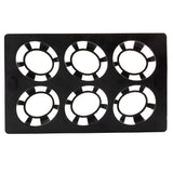 A black, rectangular dishwasher safe Salad Dispenser Tray with six evenly spaced circular cutouts forms a spoke-like pattern. This 6-compartment tray is photographed from above against a white background.