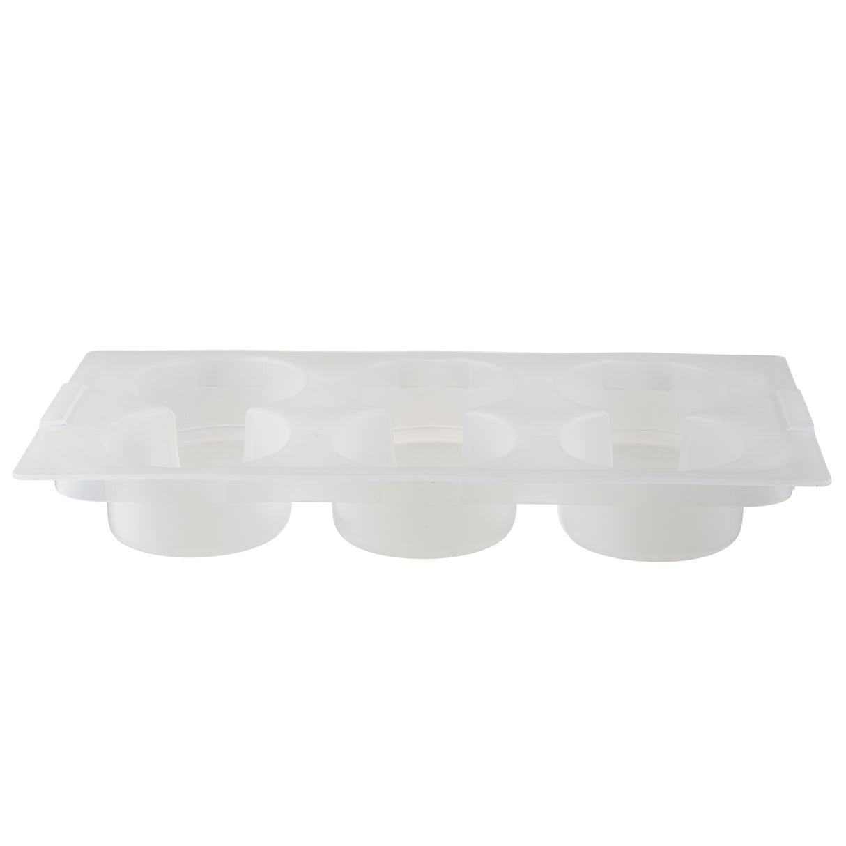 A translucent plastic ice cube tray with six large round compartments arranged in two rows of three. The 6-compartment tray features flat edges, a simple design, and is dishwasher safe for easy cleaning. Smooth, deep openings are visible from a slight angle.