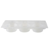 A translucent plastic ice cube tray with six large round compartments arranged in two rows of three. The 6-compartment tray features flat edges, a simple design, and is dishwasher safe for easy cleaning. Smooth, deep openings are visible from a slight angle.