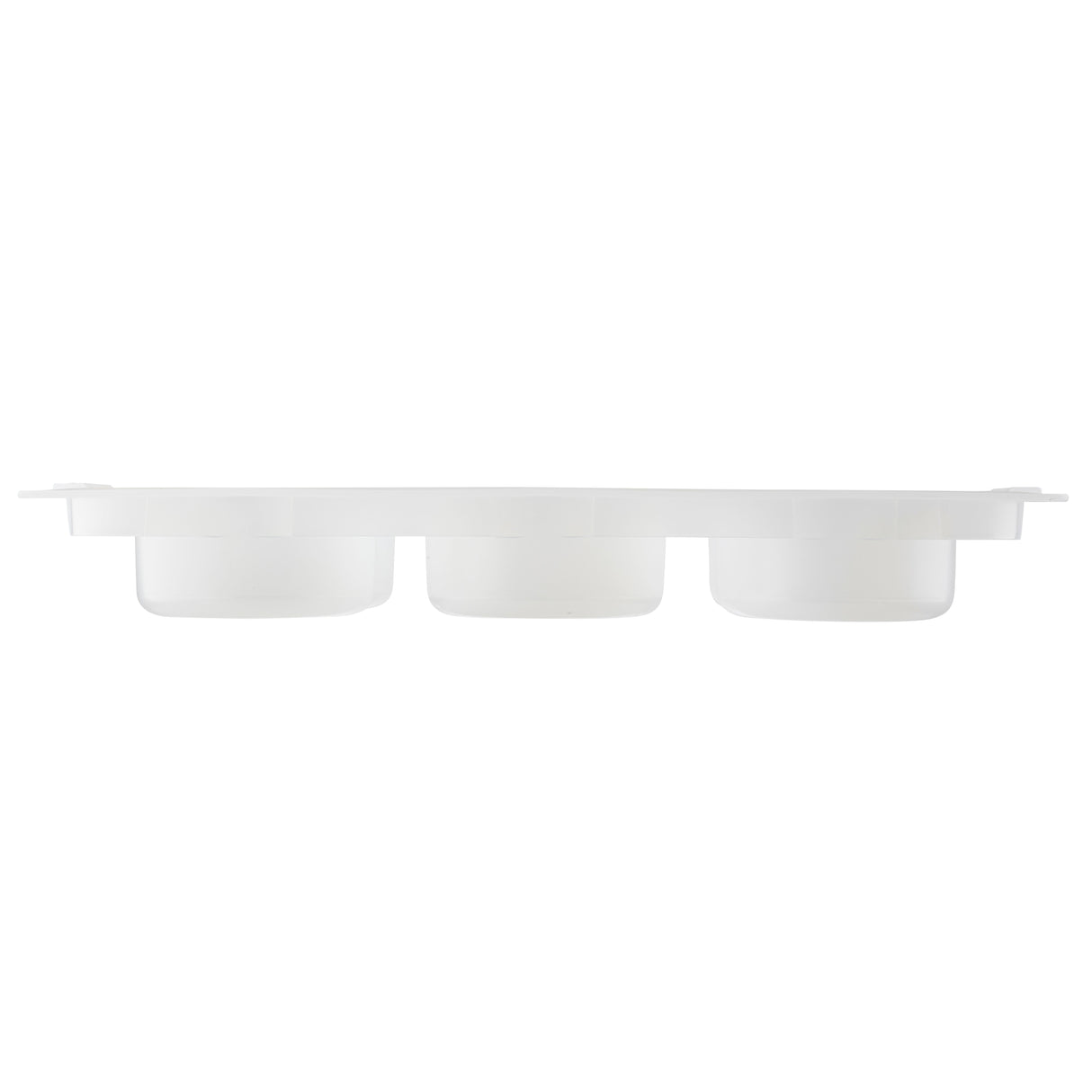 A translucent white plastic ice cube tray with three cylindrical compartments is shown from the side against a plain background. This rectangular, rounded-edge tray is dishwasher safe for easy cleaning.