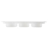A translucent white plastic ice cube tray with three cylindrical compartments is shown from the side against a plain background. This rectangular, rounded-edge tray is dishwasher safe for easy cleaning.