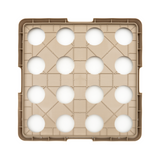 A beige Traex Rack-Master plastic tray holds sixteen white eggs in a neat 4x4 grid, viewed from above. The square warewashing rack features raised edges and geometric lines forming triangles between each egg compartment.